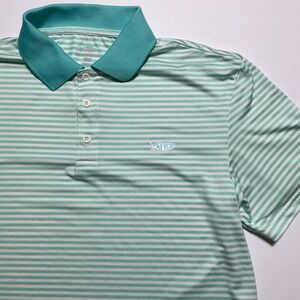 AFTCO Mens Small Polo Shirt Green White Striped Performance Fishing Short Sleeve